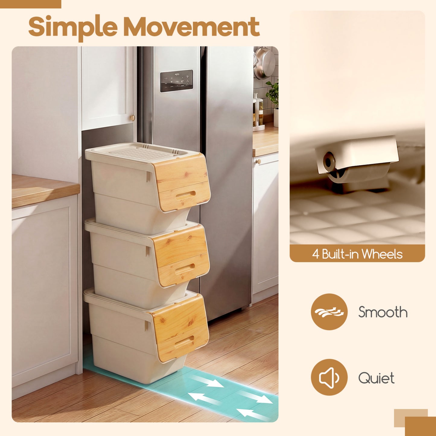 3 Pieces Storage Bins on Wheels Stackable Plastic Boxes with Stay-Open Lid (S), Natural Dressers & Chests at Gallery Canada