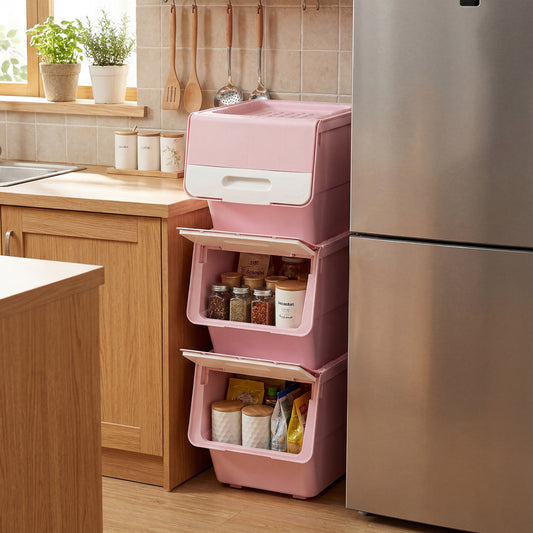 3 Pieces Storage Bins on Wheels Stackable Plastic Boxes with Stay-Open Lid (S), Pink Dressers & Chests Pink at Gallery Canada