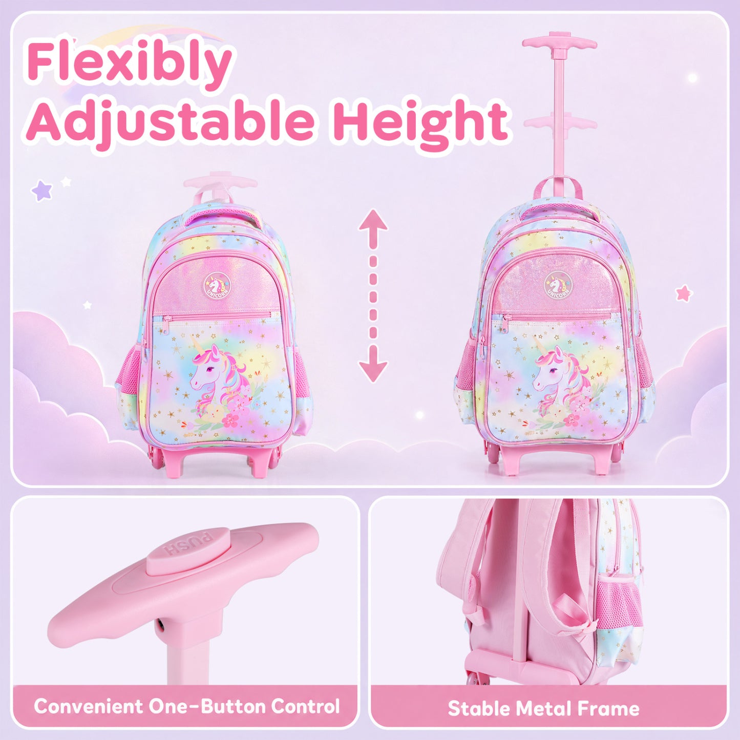 Ensemble de sac à dos roulant Licorne pour enfants, rose