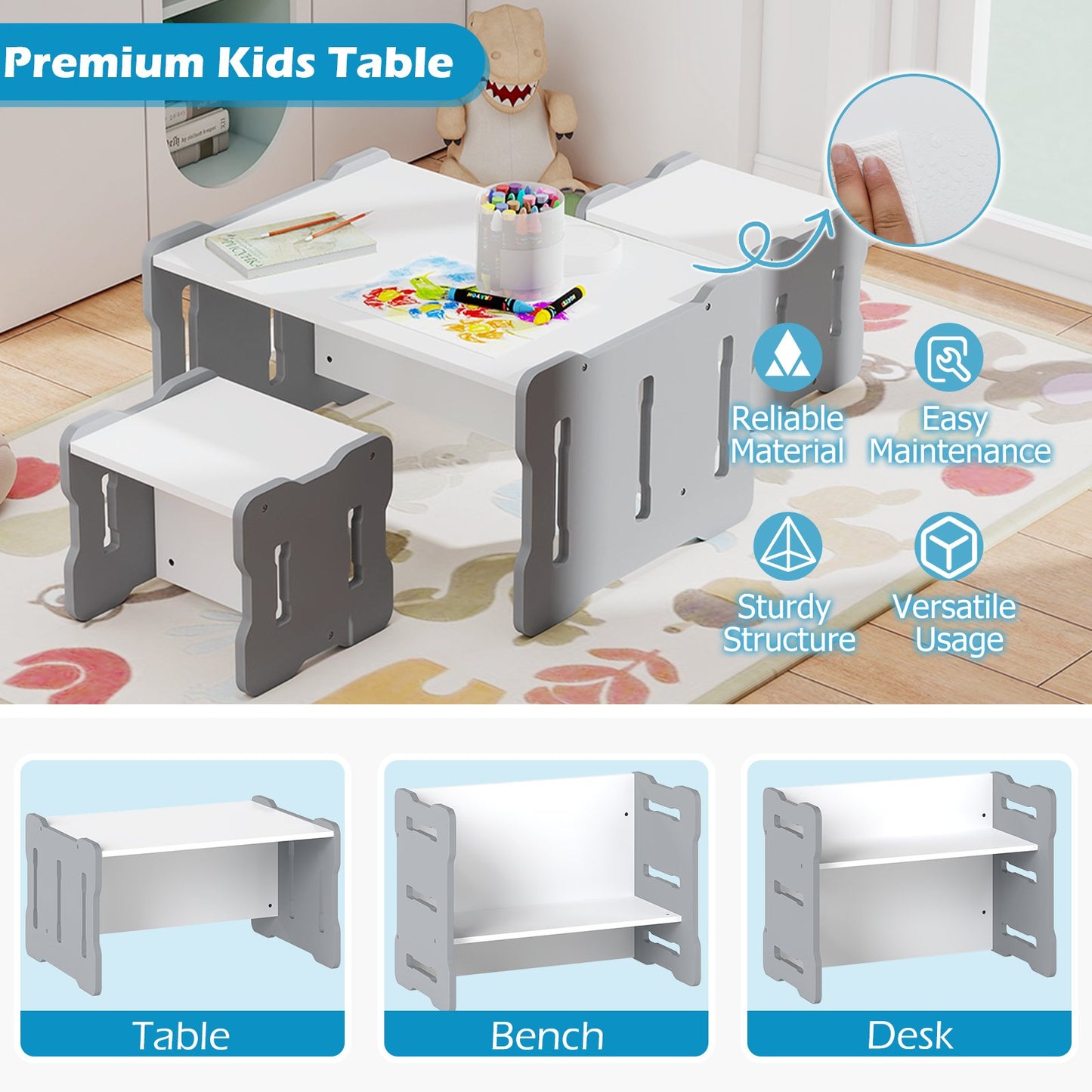 3-Piese Toddler Set with 2 Stools and Activity Table, Gray Kids Table & Chair Sets at Gallery Canada
