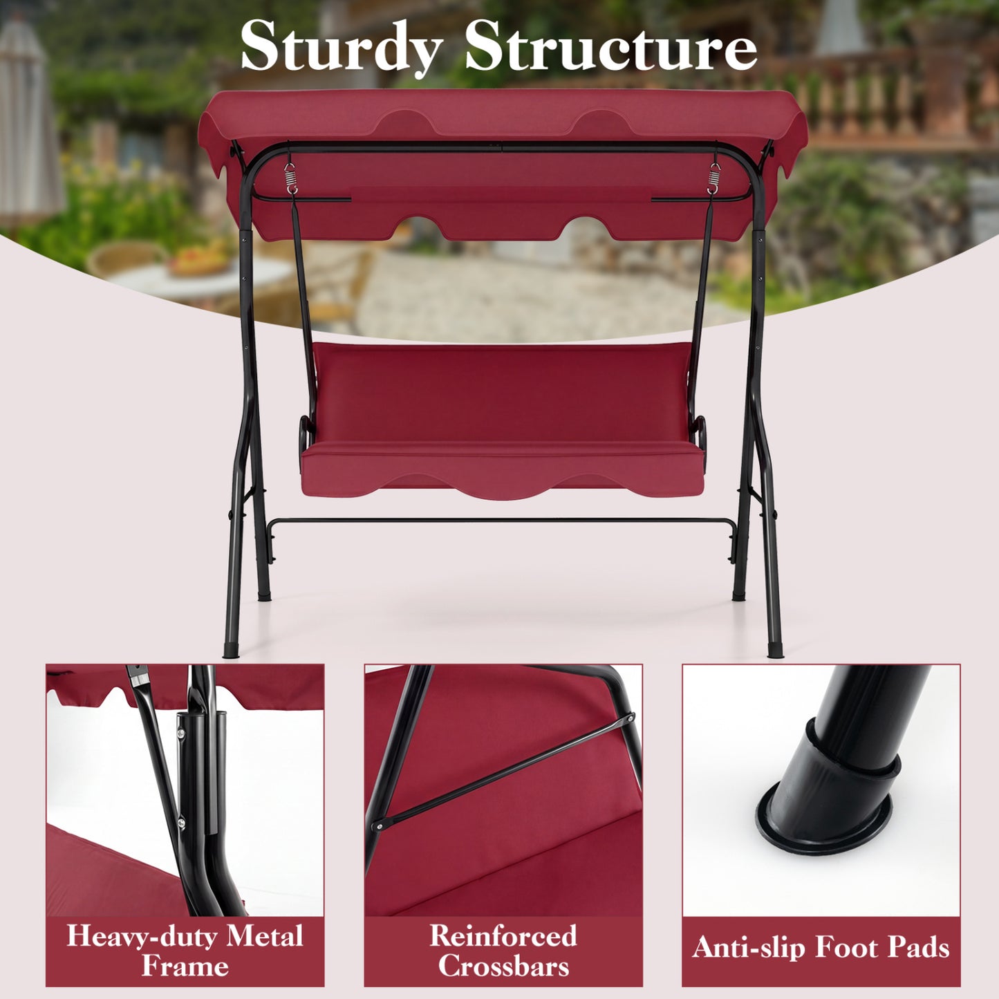 3 Seat Outdoor Patio Canopy Swing with Cushioned Steel Frame, Red Porch Swings at Gallery Canada