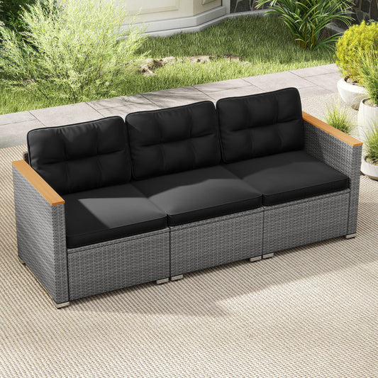 3-Seat Patio Couch Sofa, PE Rattan Loveseat, Deep Seating Cushion, Black, Grey Outdoor Chaise Lounges Black at Gallery Canada
