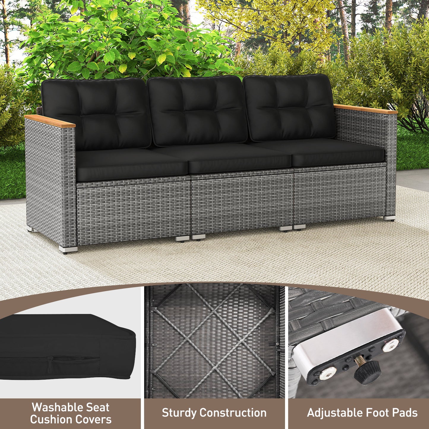 3-Seat Patio Couch Sofa, PE Rattan Loveseat, Deep Seating Cushion, Black, Grey Outdoor Chaise Lounges at Gallery Canada