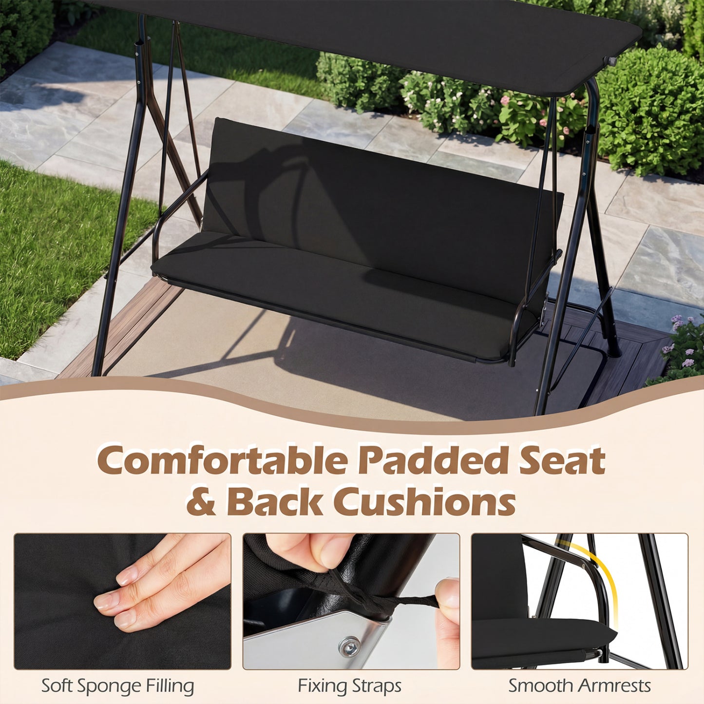 3-Seat Patio Swing Chair with Adjustable Canopy & Removable Cushion, Black Porch Swings at Gallery Canada