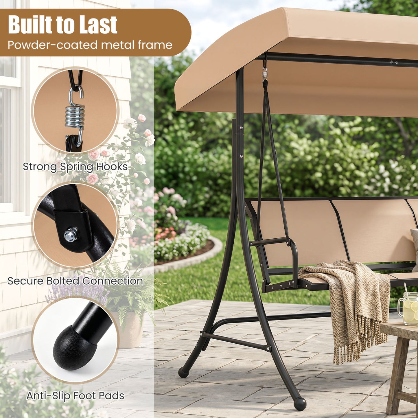3-Seat Patio Swing Chair with Adjustable Canopy , Black Porch Swings at Gallery Canada