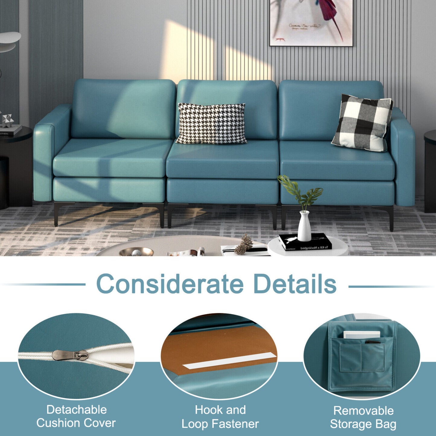 3-Seat Sectional Sofa, With Armrest Magazine Pocket, Metal Leg, Blue Sofas & Loveseats at Gallery Canada