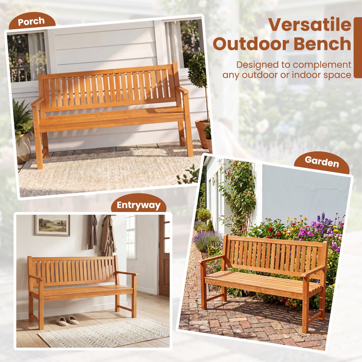 3-Seater Outdoor Wooden Bench, 59 Inch, Yellow