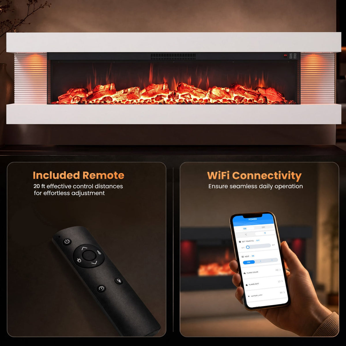 60 Inches WiFi Electric Fireplace with Mantel, White
