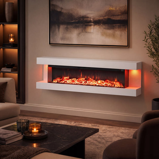 60 Inches WiFi Electric Fireplace with Mantel, White Fireplaces White at Gallery Canada