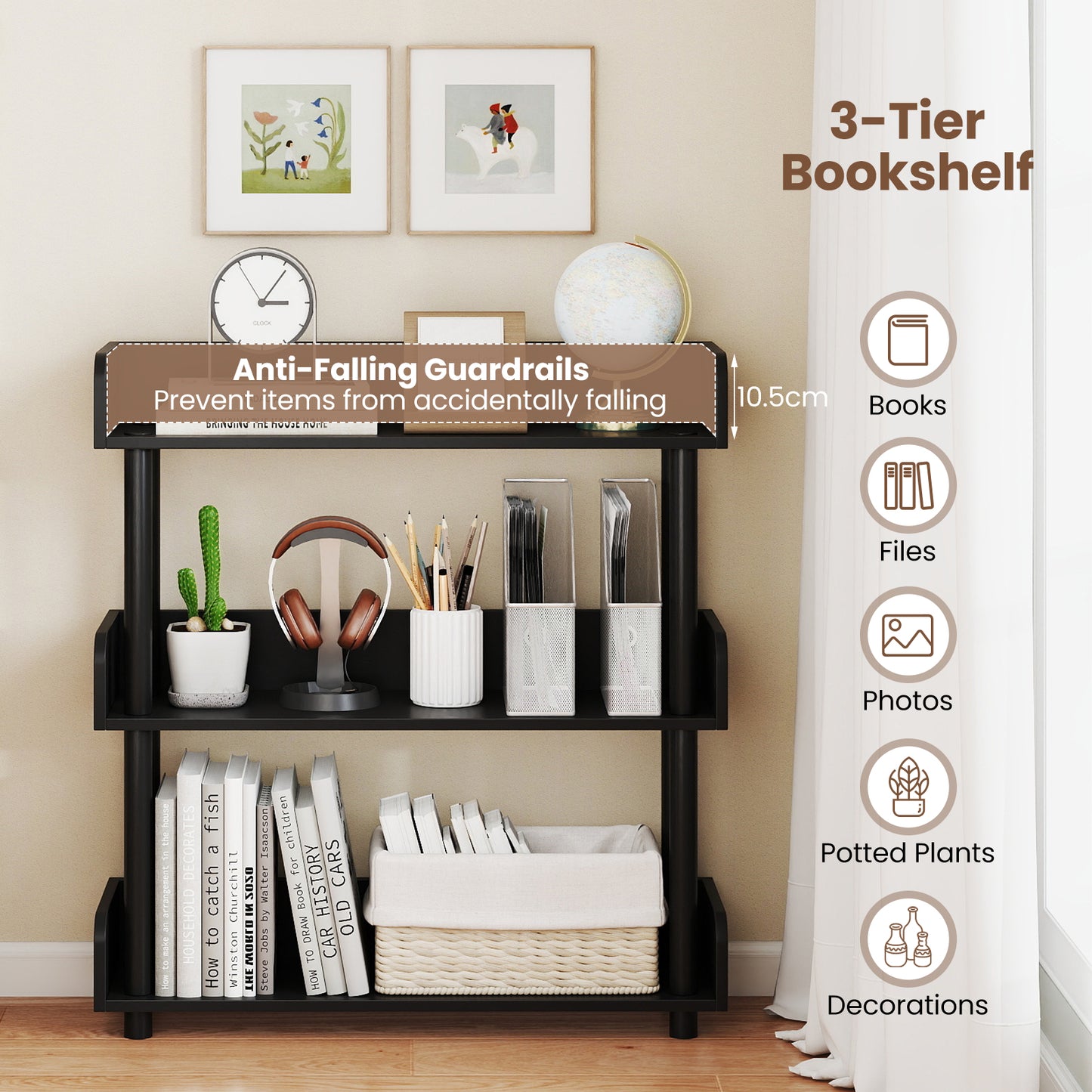 3-Tier Bookshelf with Anti-Tipping Kit and Industrial Storage Unit for Living Room, Black Bookcases at Gallery Canada