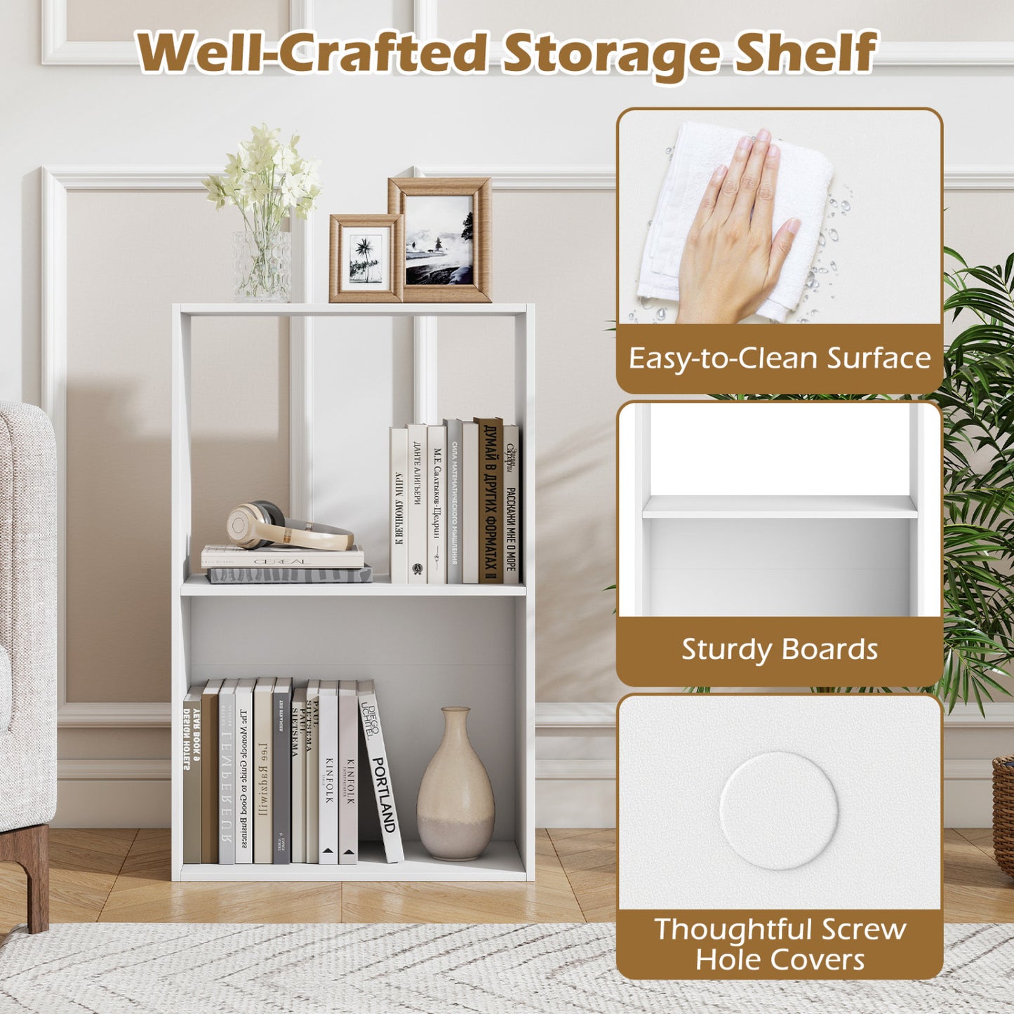 3-Tier Bookshelf with Open Storage Compartment and Freestanding Display Shelf, White Bookcases at Gallery Canada