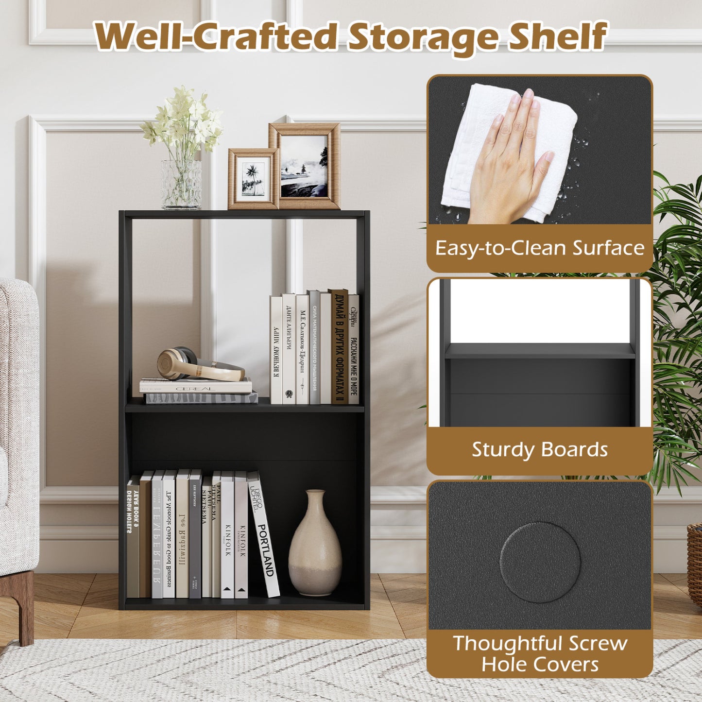 3-Tier Bookshelf with Open Storage Compartment and Freestanding Display Shelf, Black Bookcases at Gallery Canada