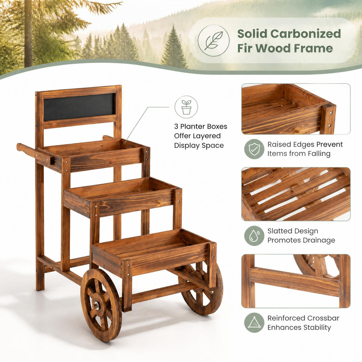 3-Tier Fir Wood Plant Stand Dessert Cart, Brown Plant Stands at Gallery Canada
