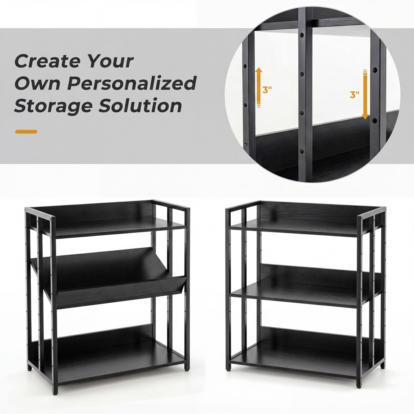 3-Tier Corner Bookshelf, Adjustable Shelves, Black