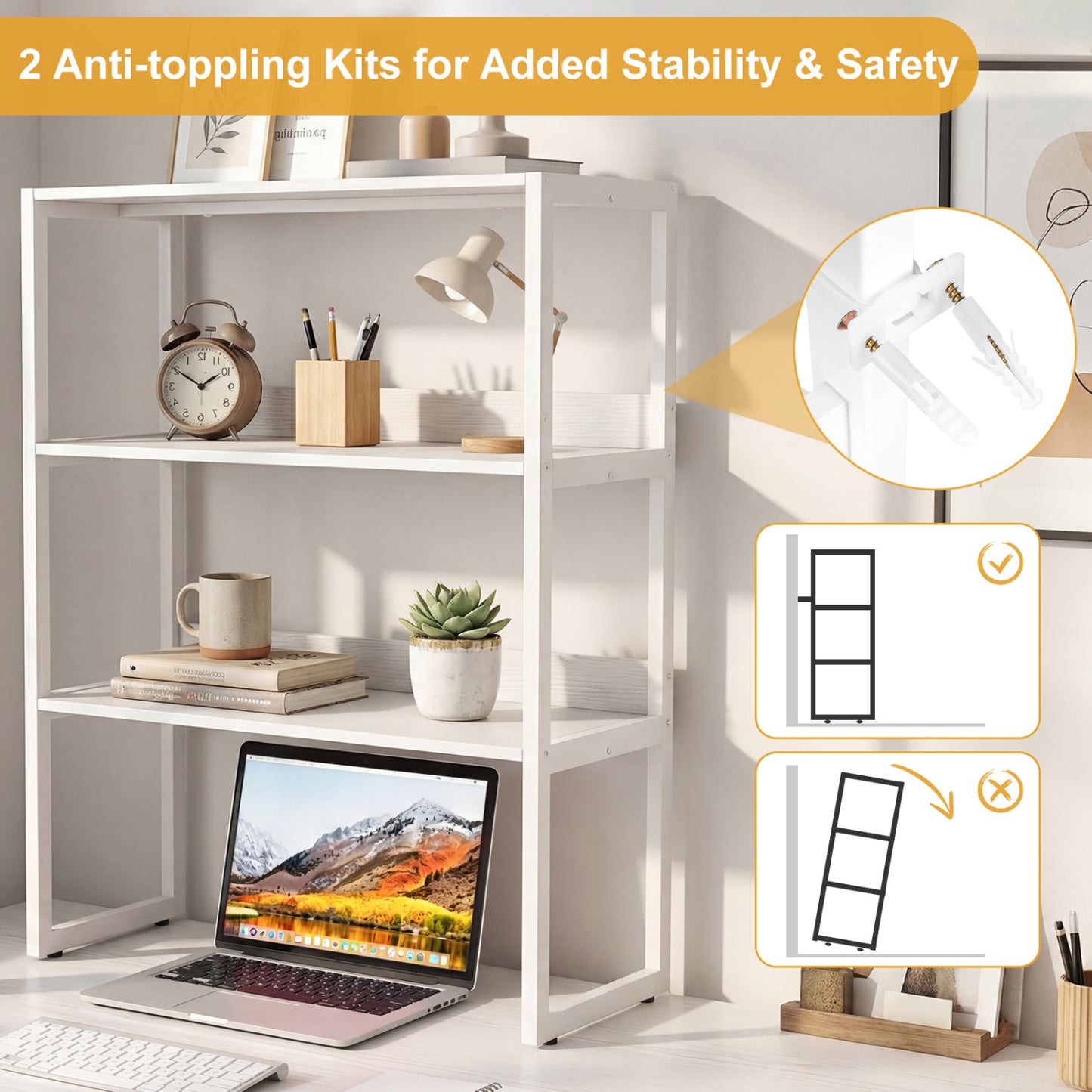 3-Tier Countertop Storage Hutch with Open Shelves, White Bookcases at Gallery Canada