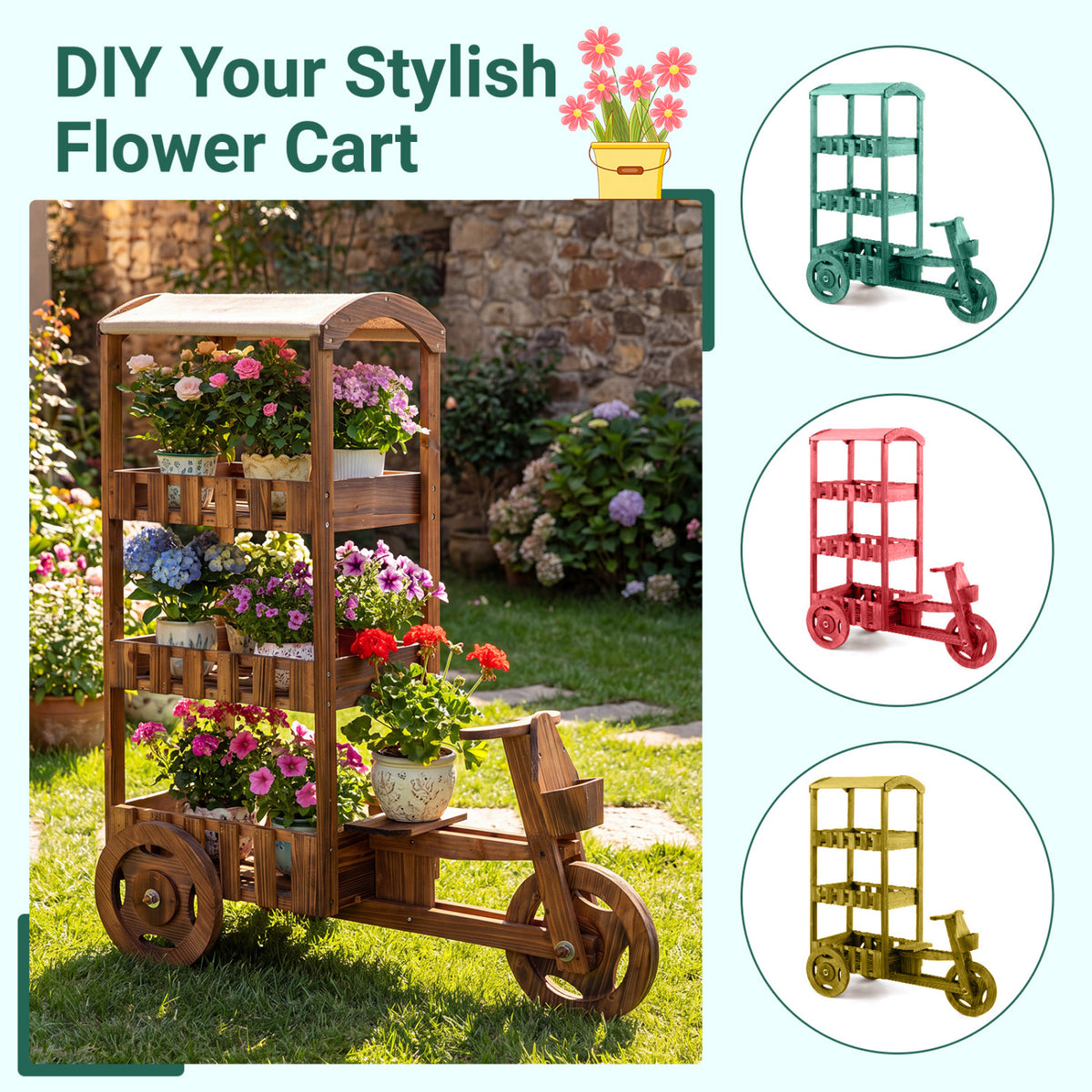 3-Tier Fir Wood Plant Stand, Fabric Canopy, 3 Wheels, Brown Plant Stands at Gallery Canada