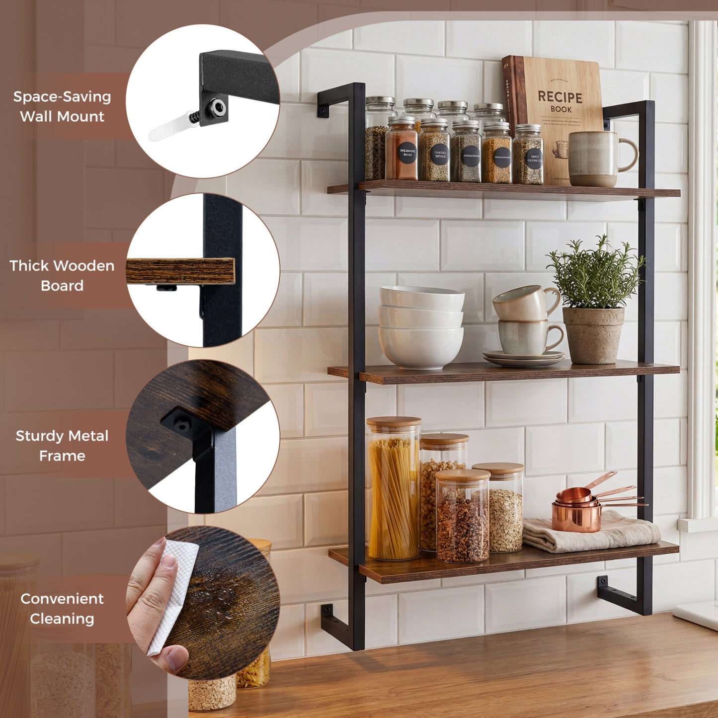 3-Tier Floating Modern Kitchen Shelf for Living Room Home Office and Bathroom, Rustic Brown Bookcases at Gallery Canada