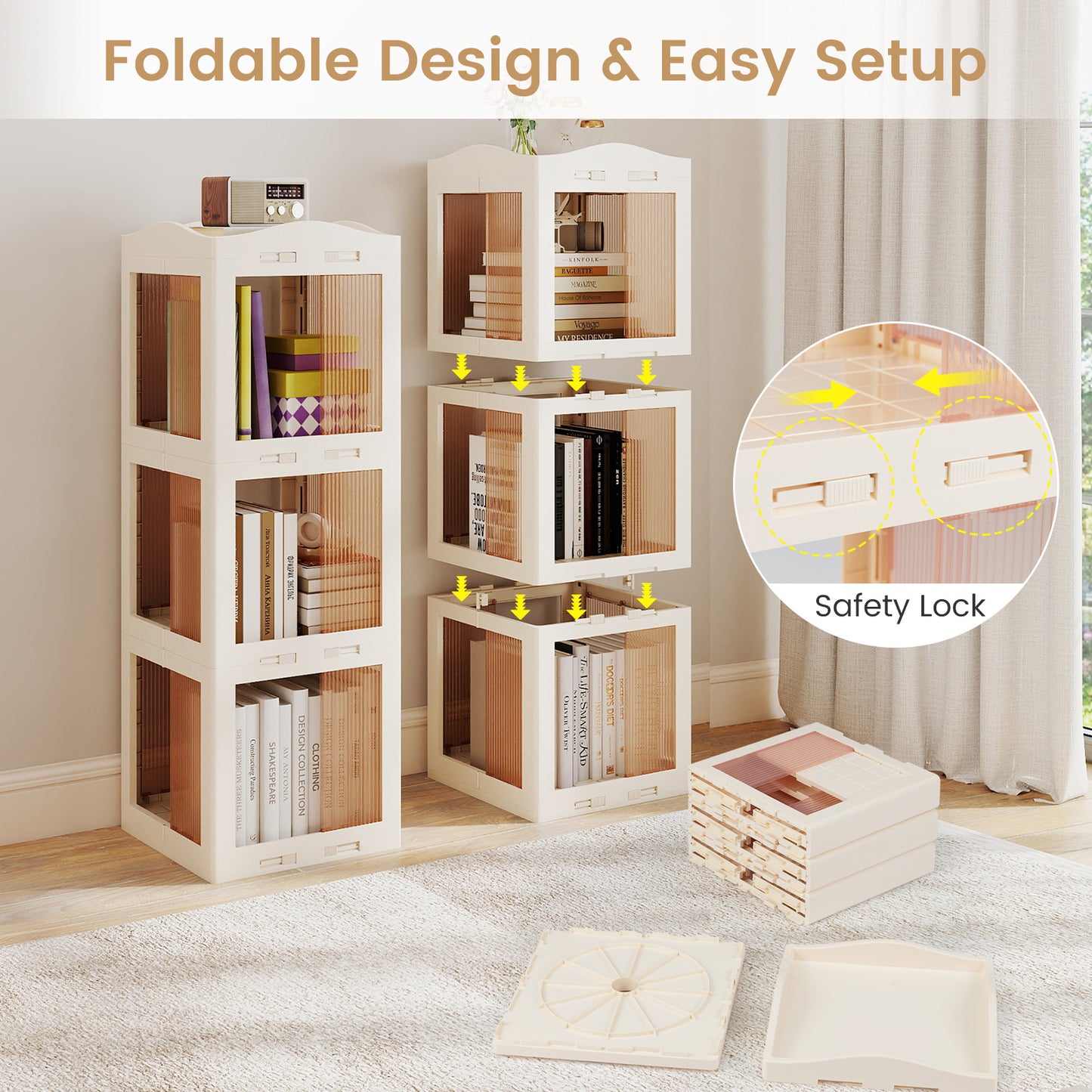 3-Tier Foldable Rotating Bookshelf with Swivel Base and Translucent Panels, White Bookcases at Gallery Canada