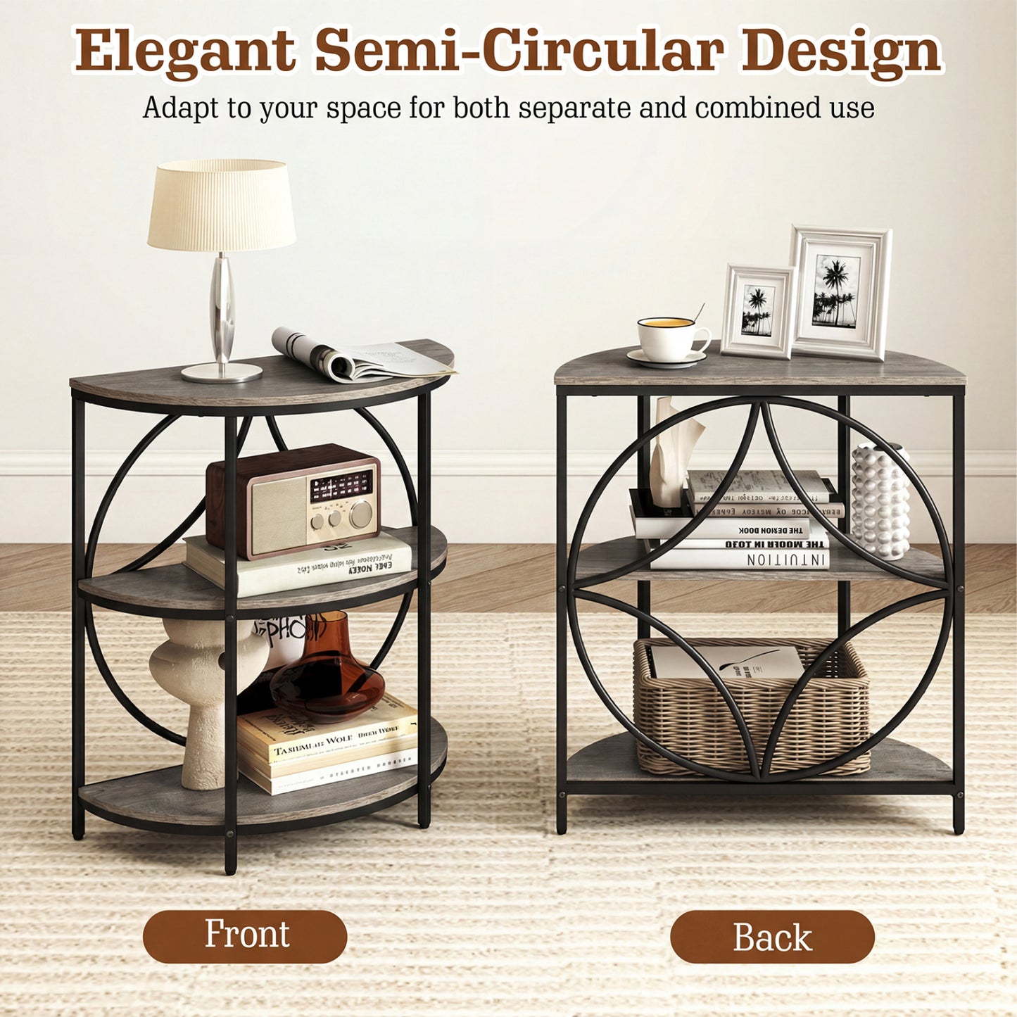 3-Tier Half Round End Table, Metal Frame, Gray End & Side Tables at Gallery Canada