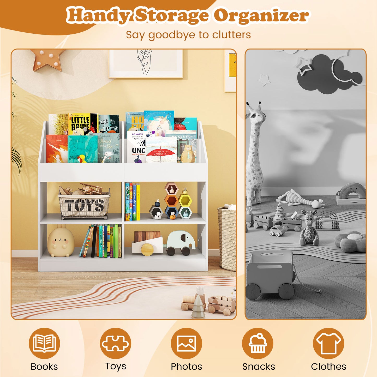 3-Tier Kid's Bookshelf Toy Storage Organizer with Display Rack and 4 Compartments, White Kids Storage at Gallery Canada