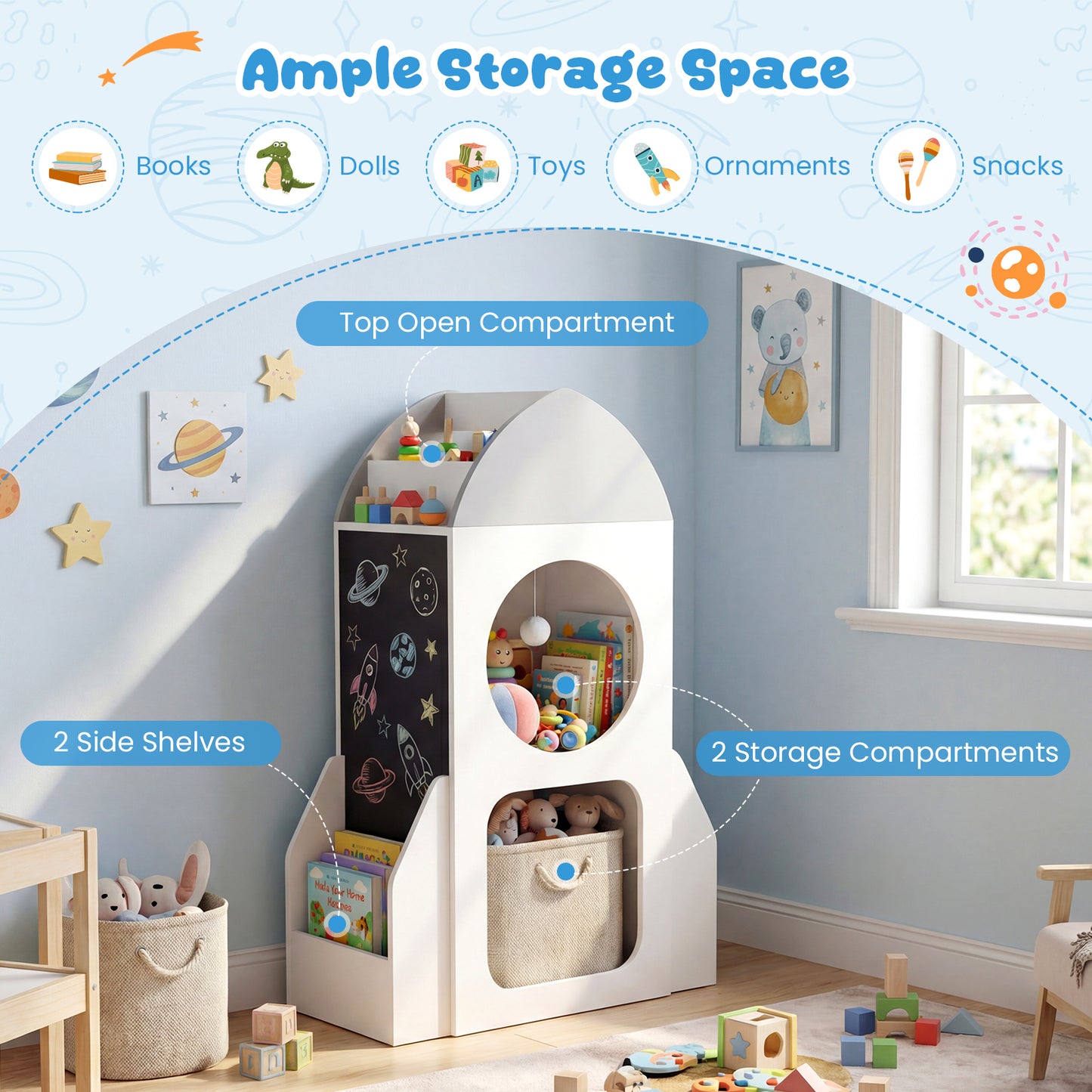 3-Tier Kids Bookshelf Rocket Space Theme Toddler Toy Storage Organizer, White Kids Storage at Gallery Canada