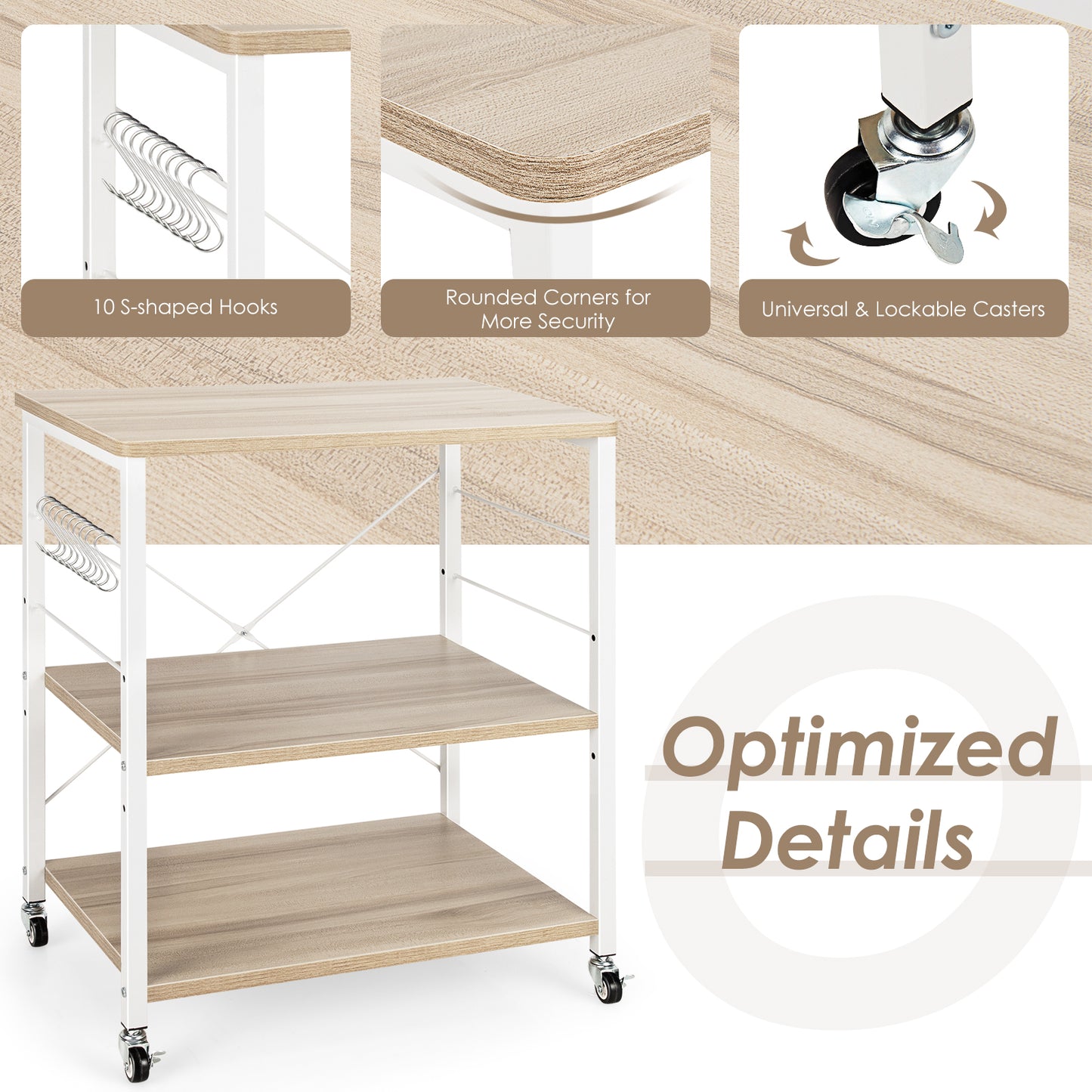 3-Tier Kitchen Bakers Rack Microwave Oven Storage Cart, Light Brown Baker's Racks at Gallery Canada