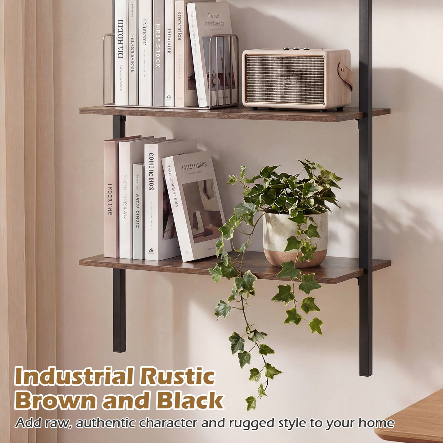 3-Tier Modern Wall Mounted Shelves Wooden Floating Shelving Unit Metal Ladder Bookshelf, Rustic Brown Bookcases at Gallery Canada