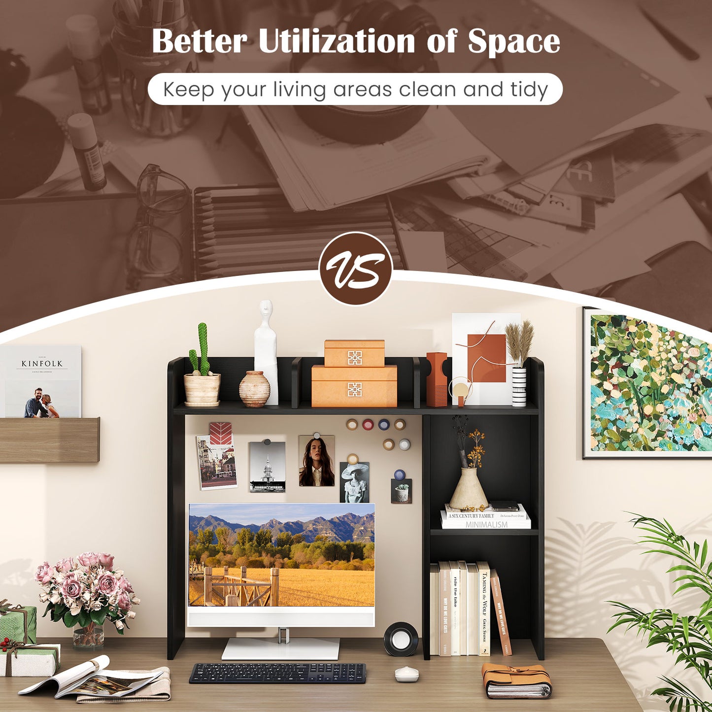 3-Tier Multipurpose Desk Bookshelf with 4 Shelves, Black Bookcases at Gallery Canada