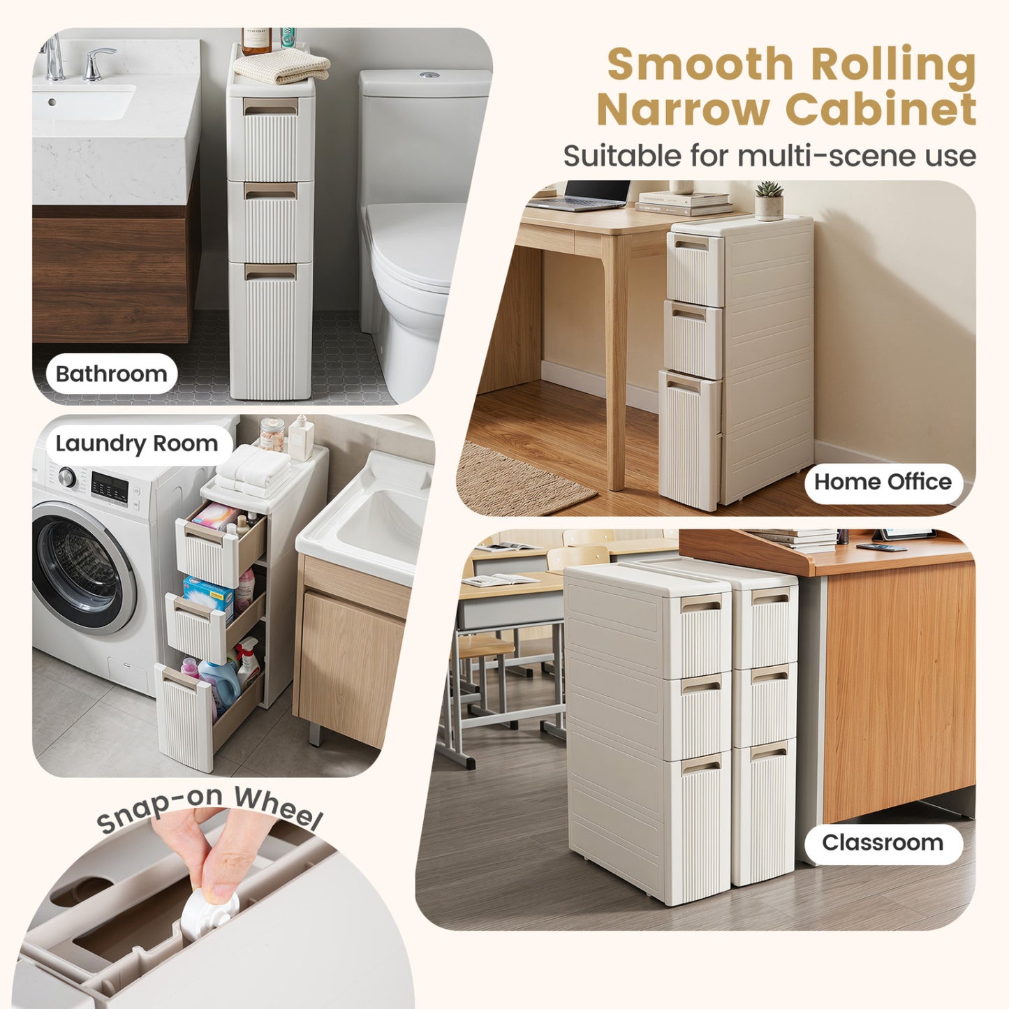 3-Tier Slim Rolling Storage Cart With 3 Drawers, Beige