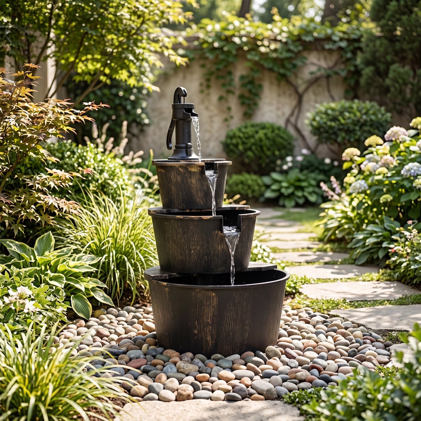 3-Tier Outdoor Barrel Waterfall Fountain