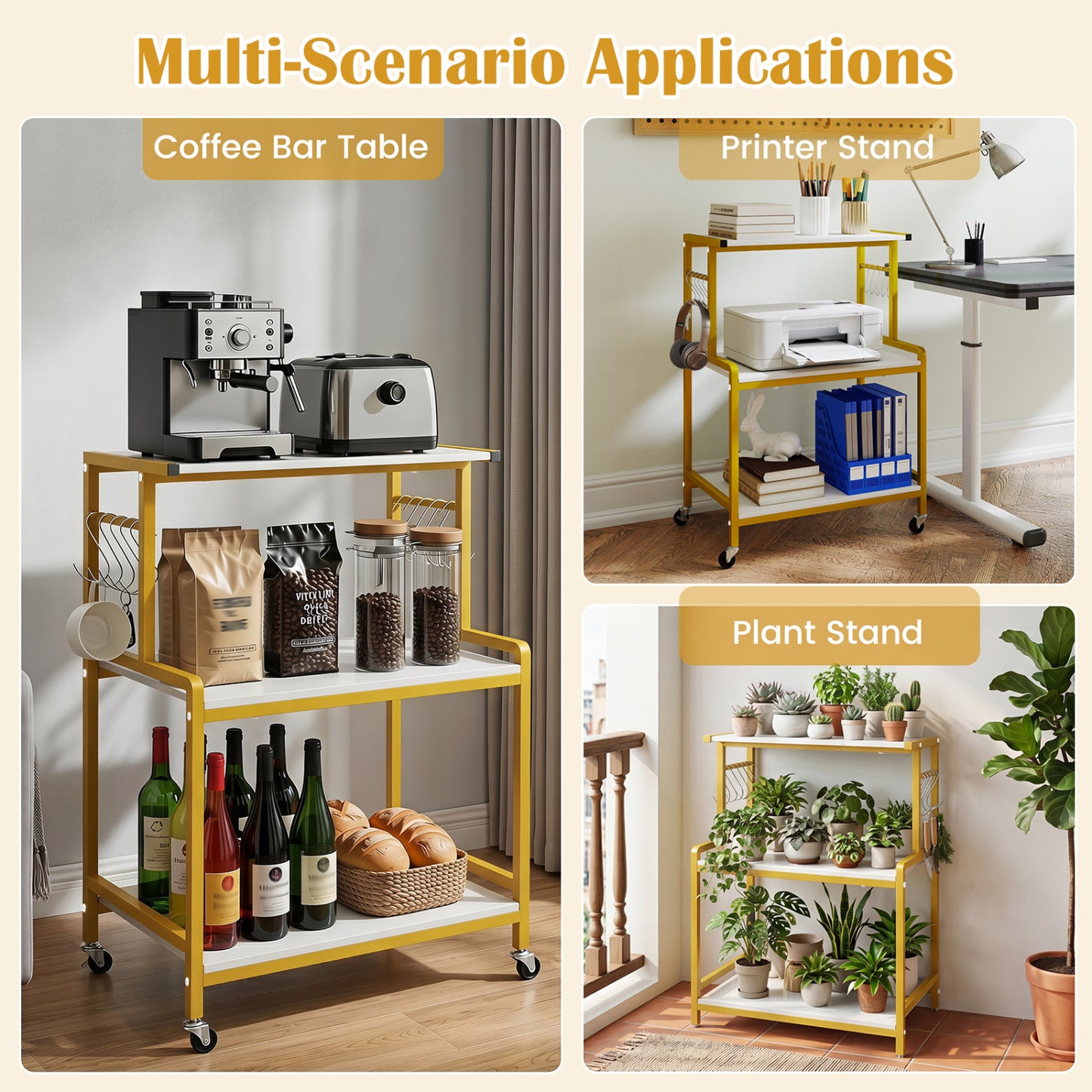 3-Tier Rolling Microwave Cart, 10 Hooks, White & Golden