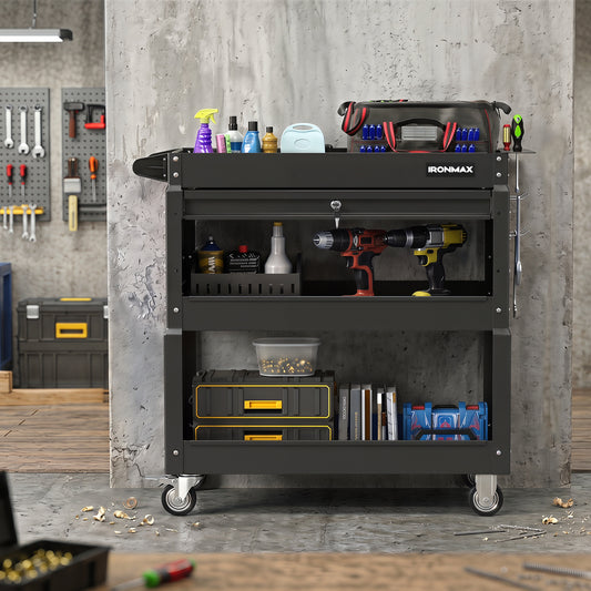 3-Tier Rolling Tool Cart With Lockable Drawer, Black Garages Black at Gallery Canada