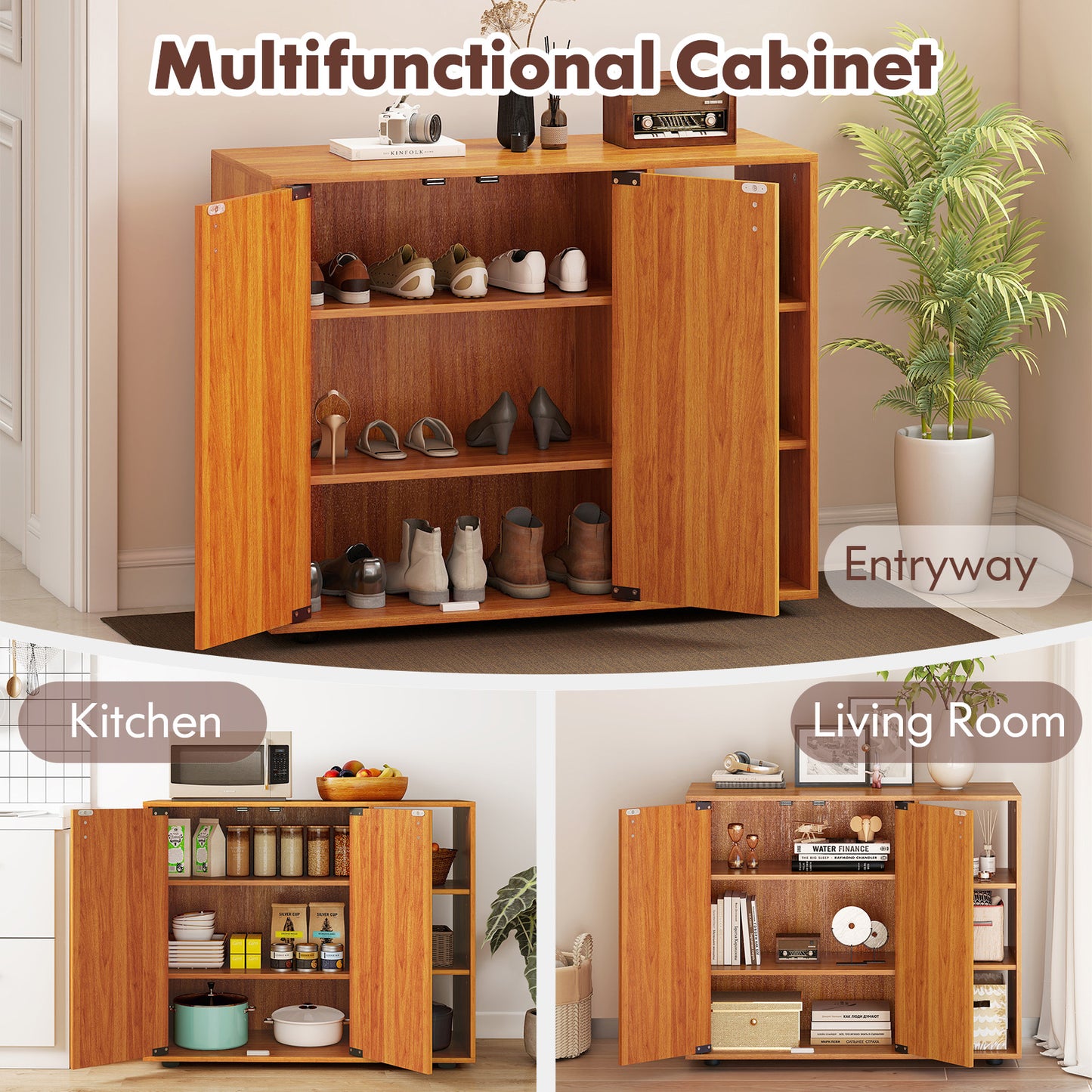 3-Tier Shoe Cabinet with Doors with Adjustable Open Shelves for Entryway, Natural Shoe Racks & Storage Benches at Gallery Canada