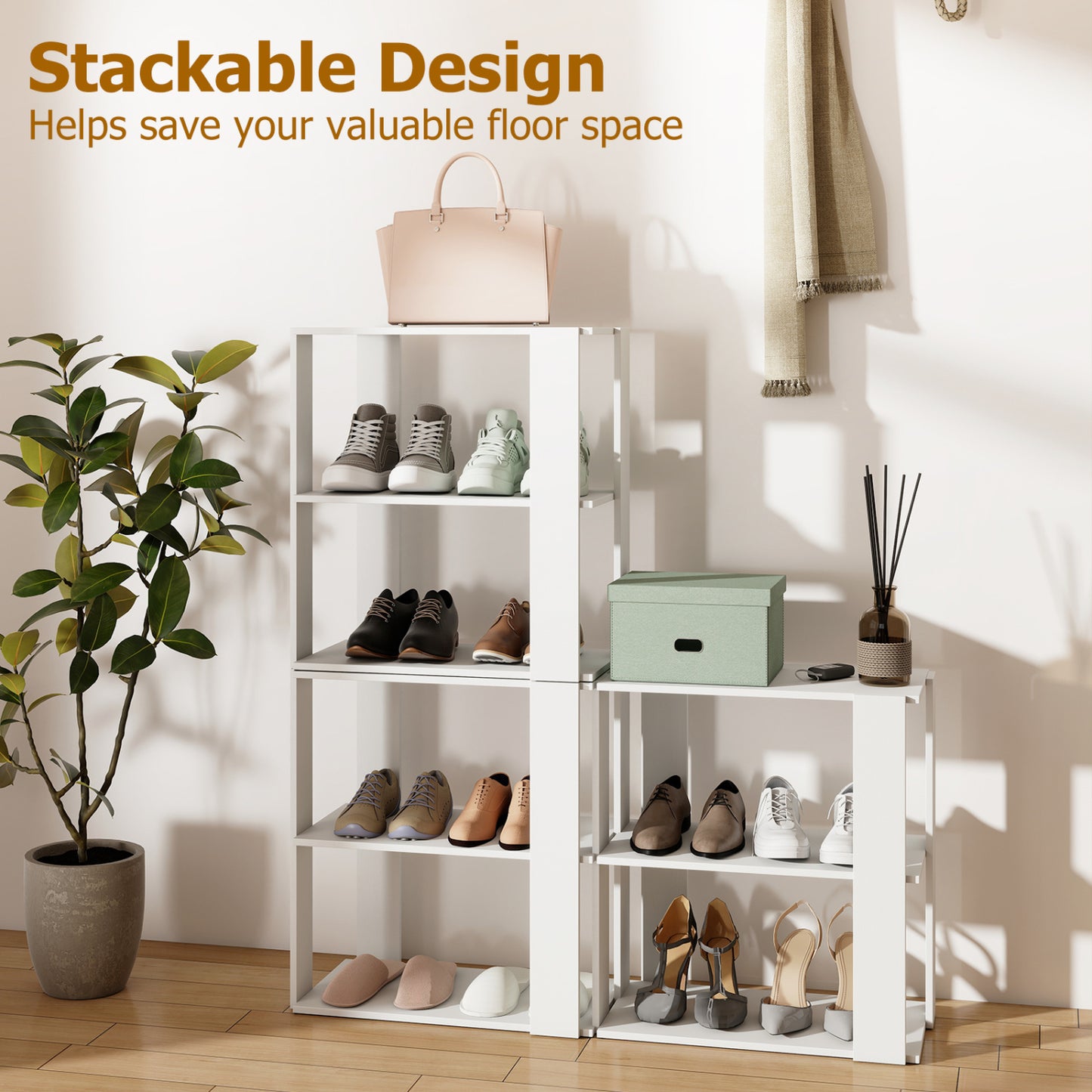 3-Tier Shoe Rack Set of 2 with Stackable Design and Anti-Tipping Device for Closet, White Shoe Racks & Storage Benches at Gallery Canada