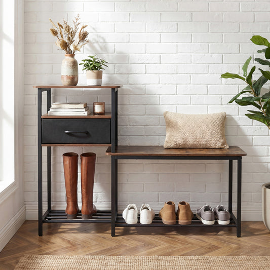 3-Tier Shoe Storage Rack Bench with Drawer and Metal Frame, Rustic Brown Shoe Racks & Storage Benches Rustic Brown at Gallery Canada