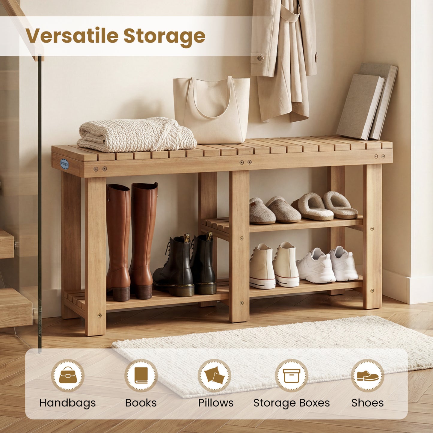 3-Tier Solid Wood Shoe Rack Bench With Slatted Shelves Shoe Racks & Storage Benches at Gallery Canada