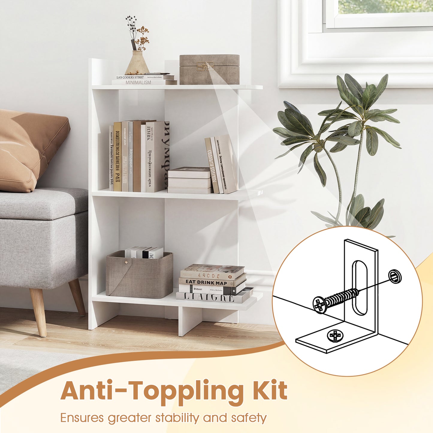 3 Tier Wooden Bookshelf, Anti-Tipping Kit, White Bookcases at Gallery Canada