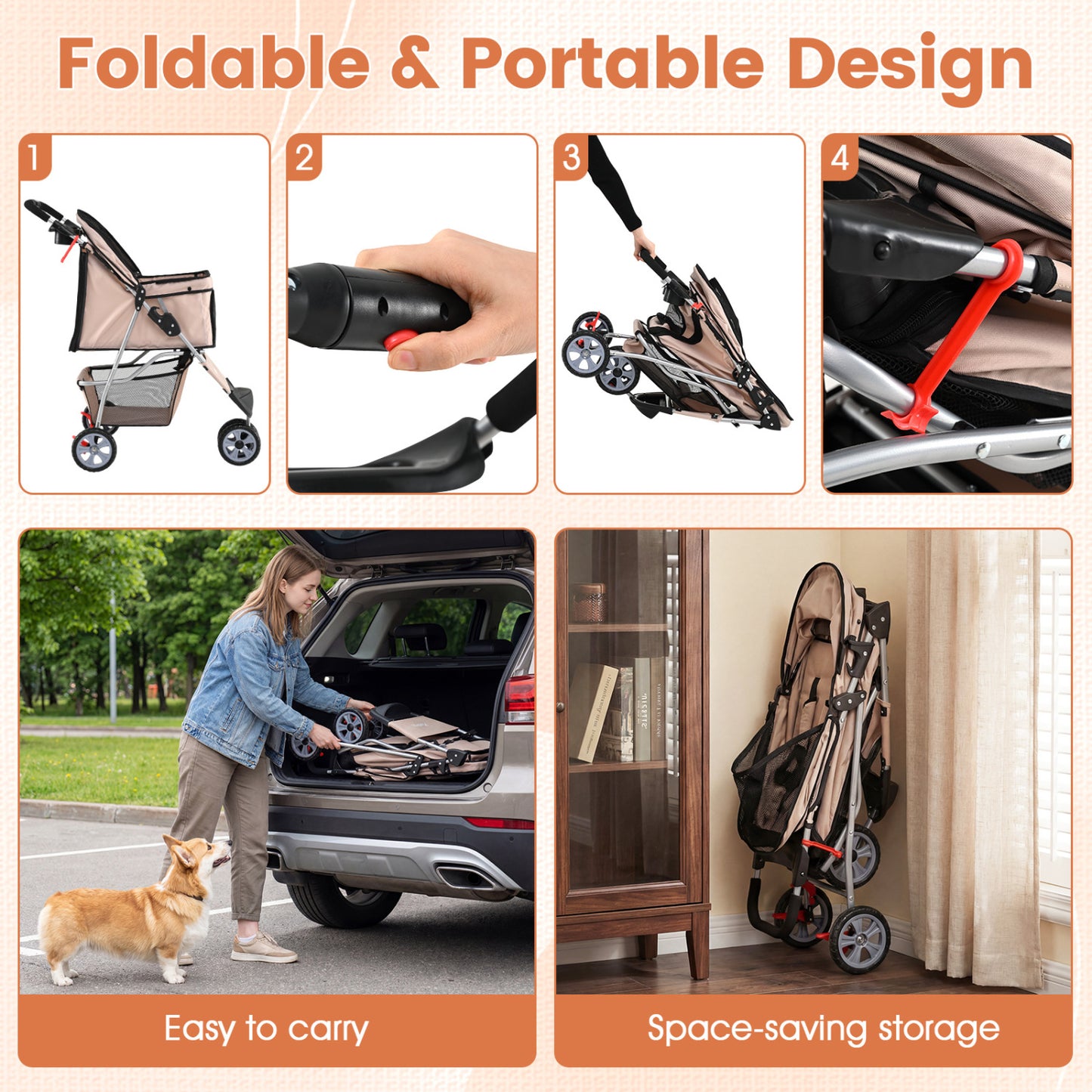 3 Wheel Pet Stroller For Small Dogs Cats Up To 33 Lbs, Beige Cat Supplies at Gallery Canada