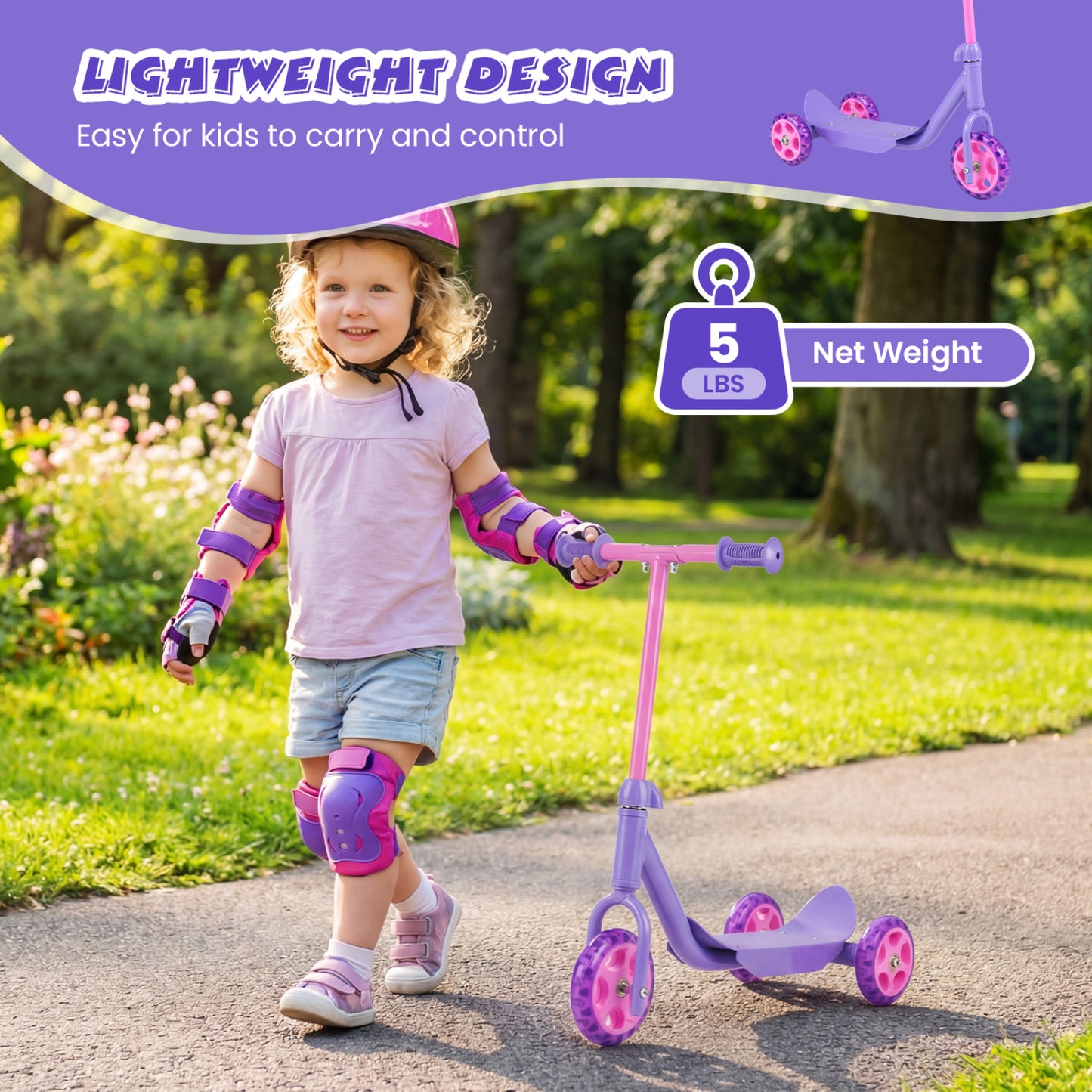 3 Wheels Scooter for Kids Age 2+ with LED Light-Up Wheels and Wide Anti-Slip Deck, Purple Scooters at Gallery Canada