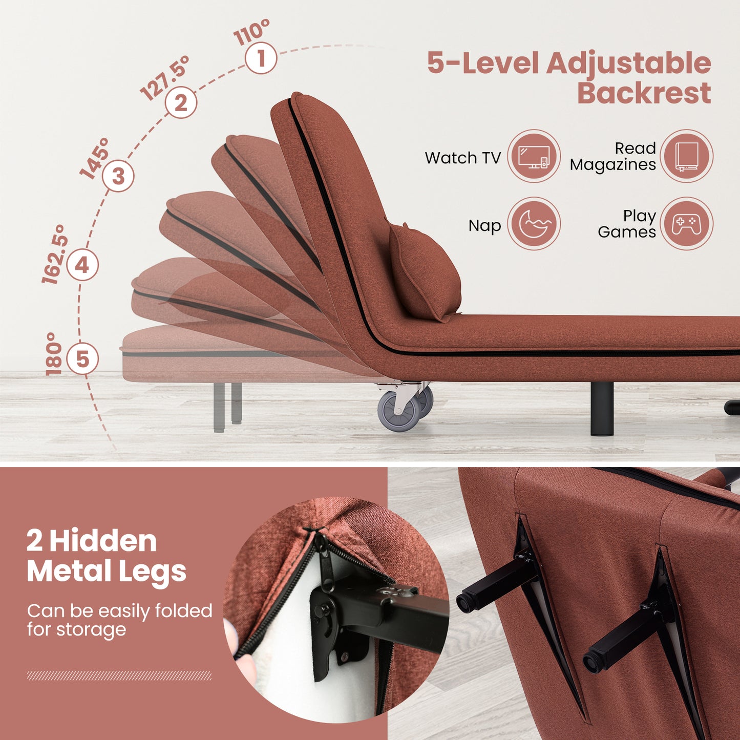 3-in-1 Convertible Sofa Bed with 5-Position Adjustable Backrest and Lumbar Pillow, Brown Accent Chairs at Gallery Canada