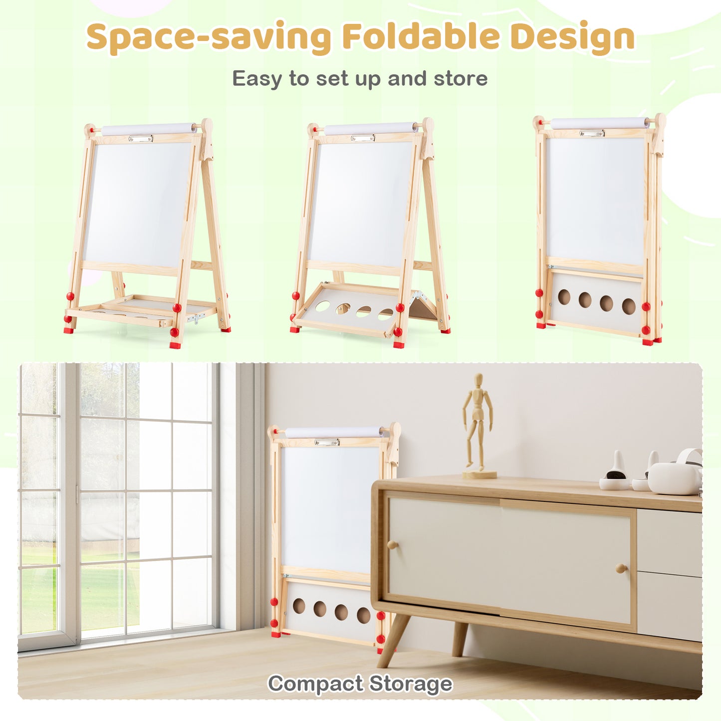 3-in-1 Double-Sided Folding Wooden Kids Art Easel with Paper Roll
