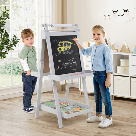3-in-1 Double-sided Art Easel with Chalkboard and Magnetic Whiteboard, Gray Art Easels Gray at Gallery Canada