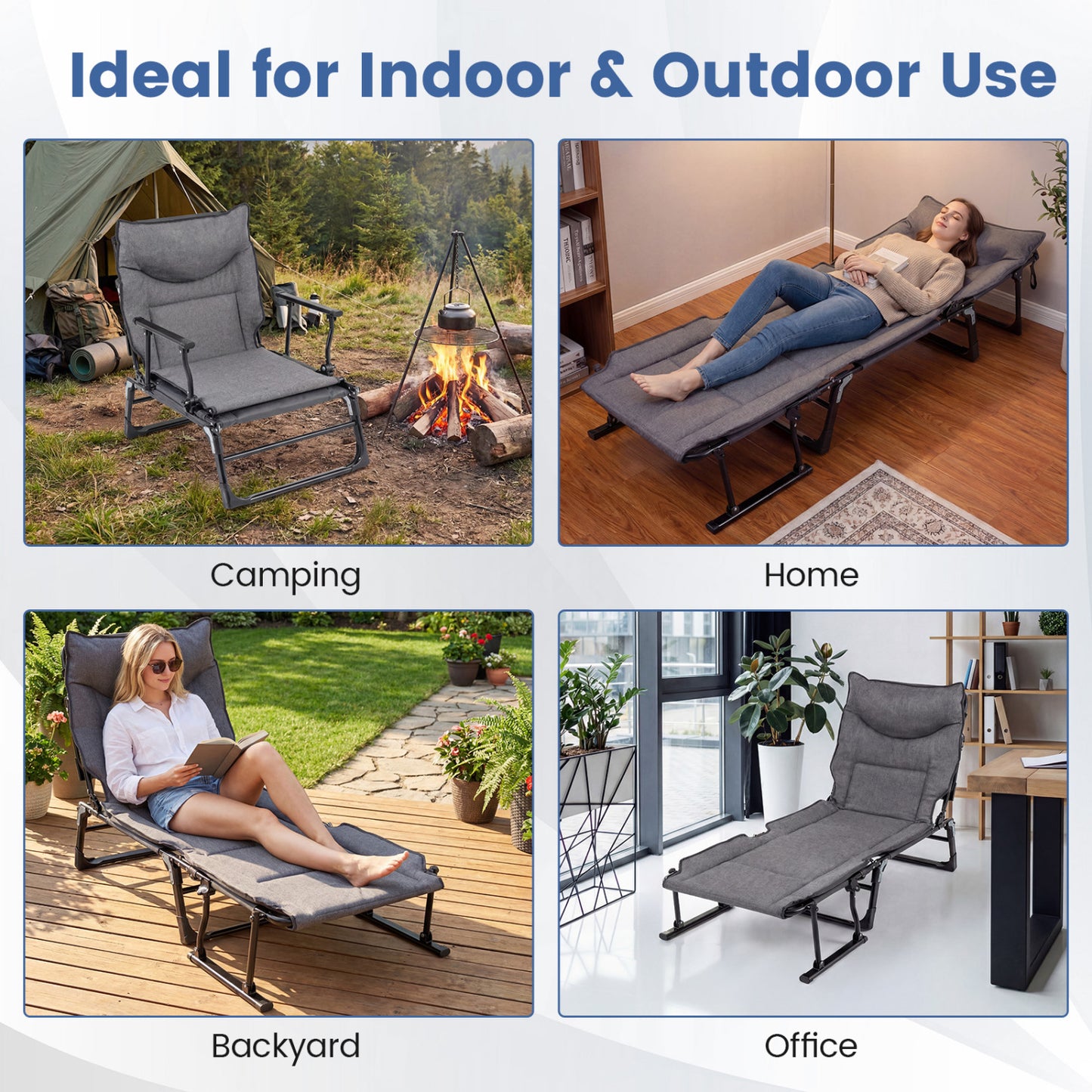 3 in 1 Folding Camping Cot and Comfy Padded Convertible Single Sofa Chair, Gray Camping Furniture at Gallery Canada