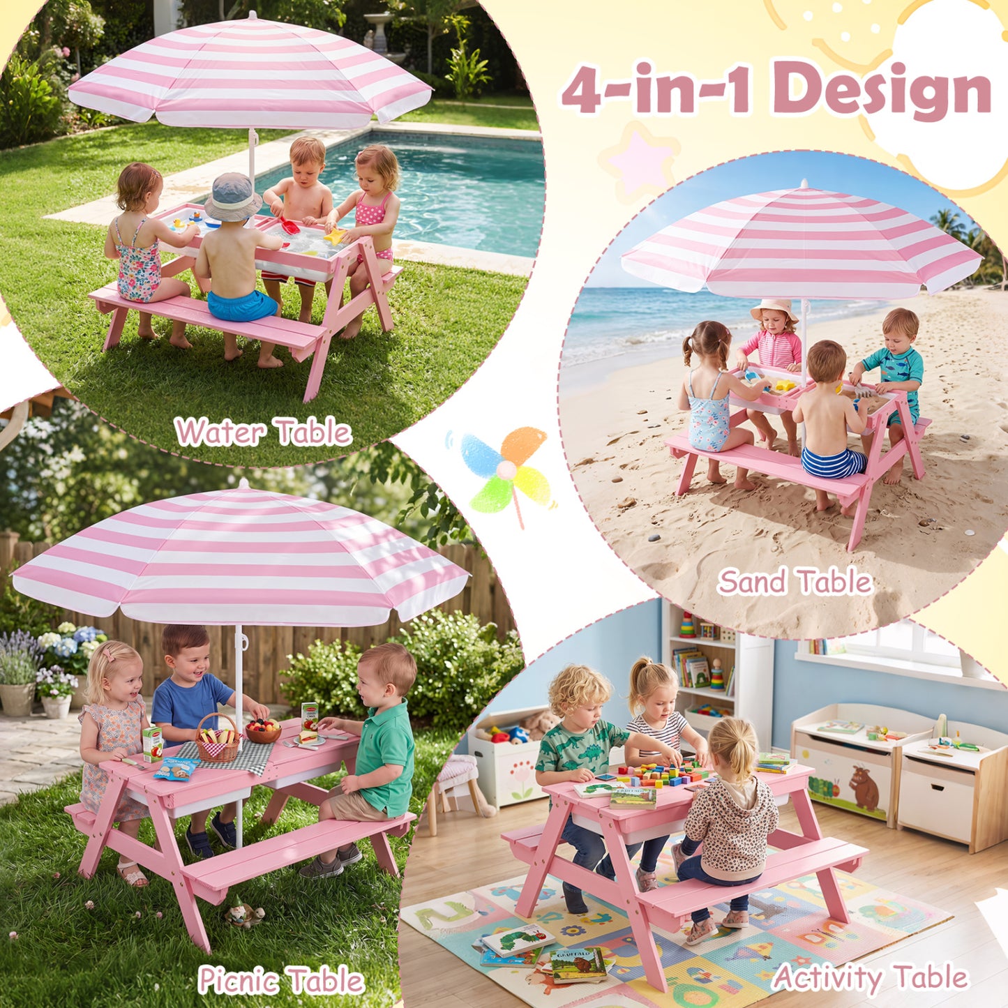 Table de pique-nique extérieure pour enfants avec parasol, rose