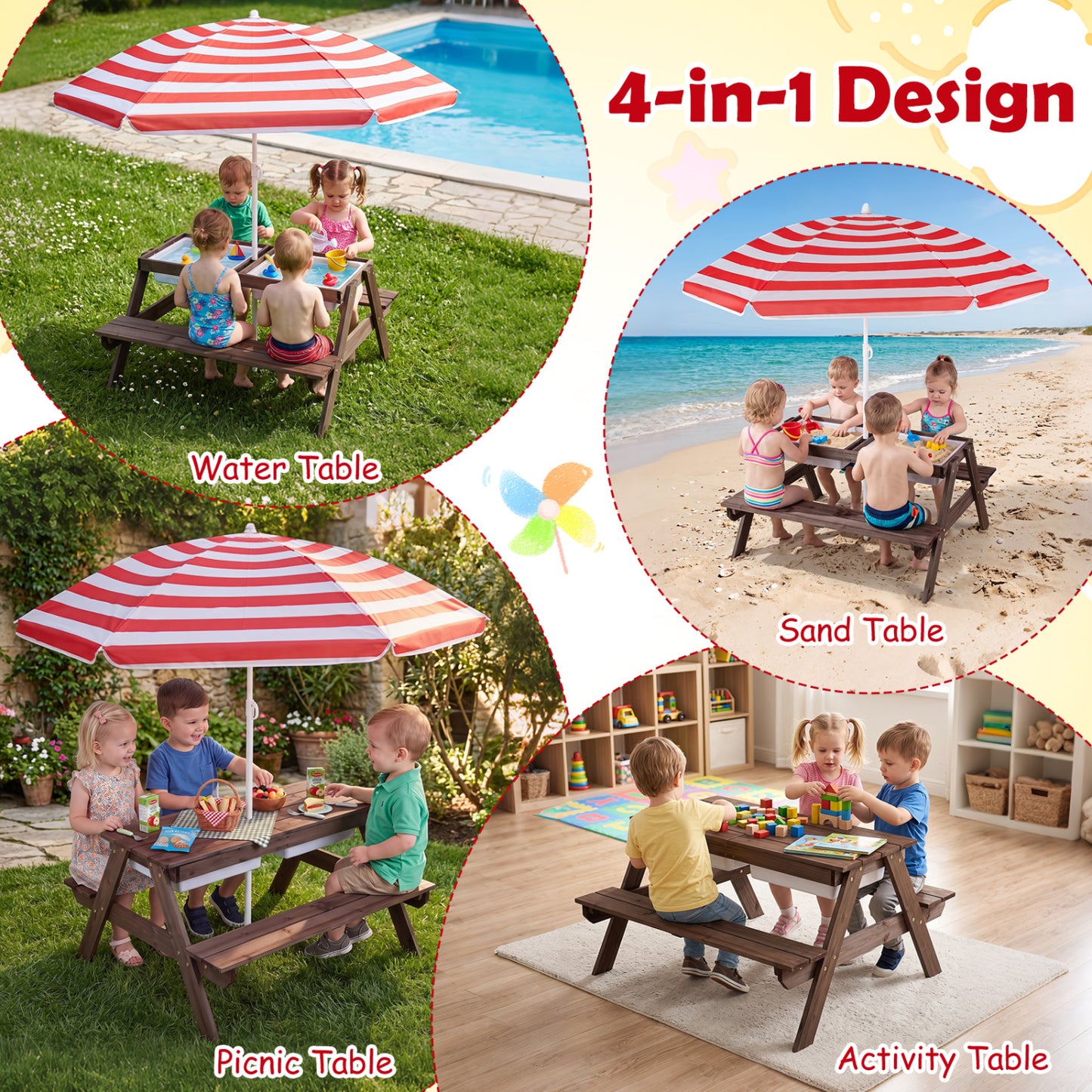 Table de pique-nique aquatique et à sable pour enfants avec parapluie, rouge