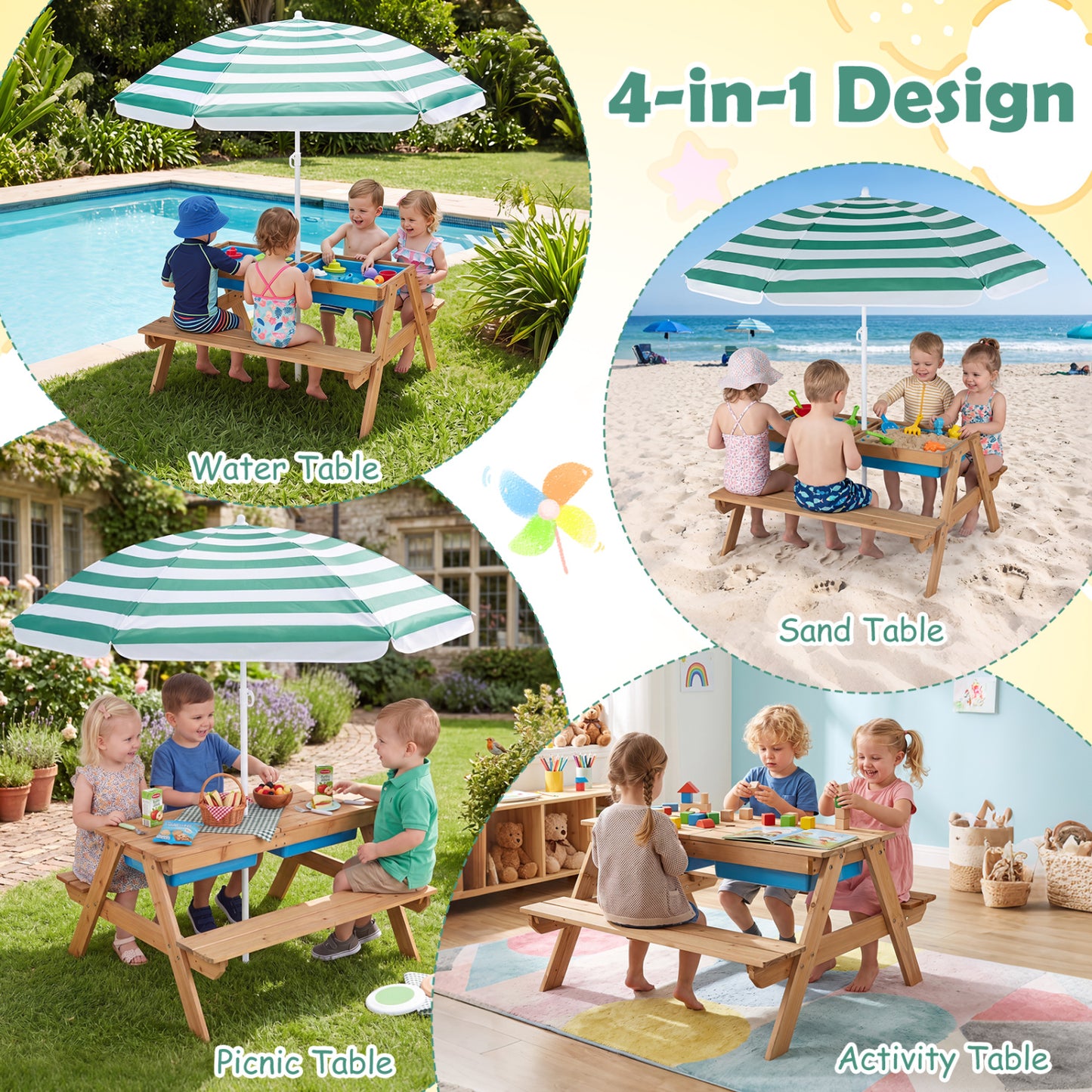 Table de pique-nique et de sable et d'eau pour enfants, vert clair