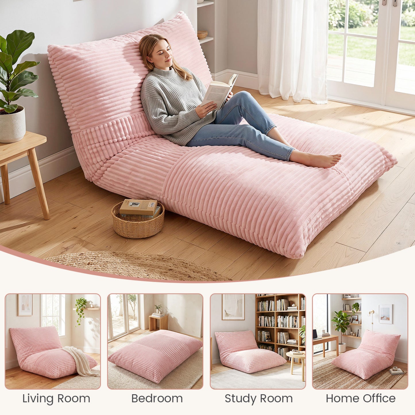3-in-1 Large Bean Bag Chair, Corduroy, Pink