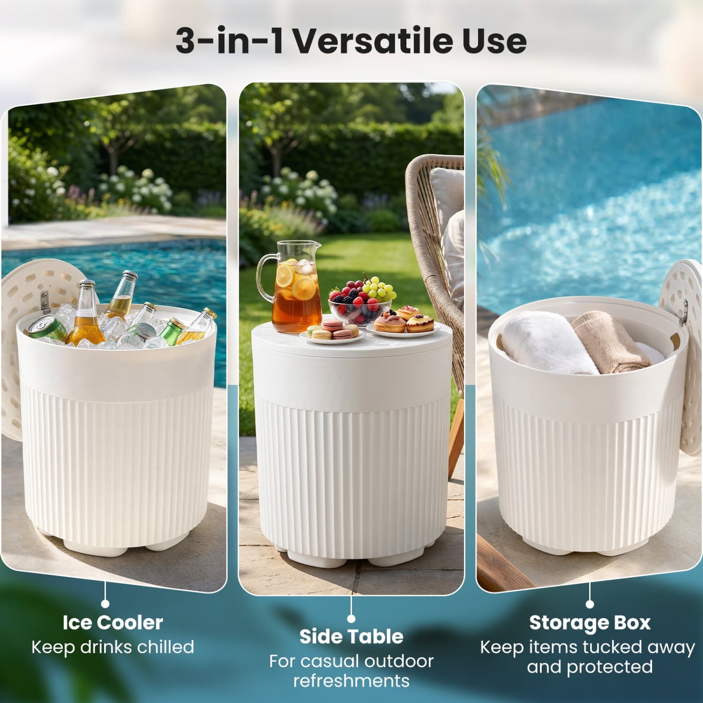 Table d'appoint de refroidisseur extérieur, design cannelé, blanc