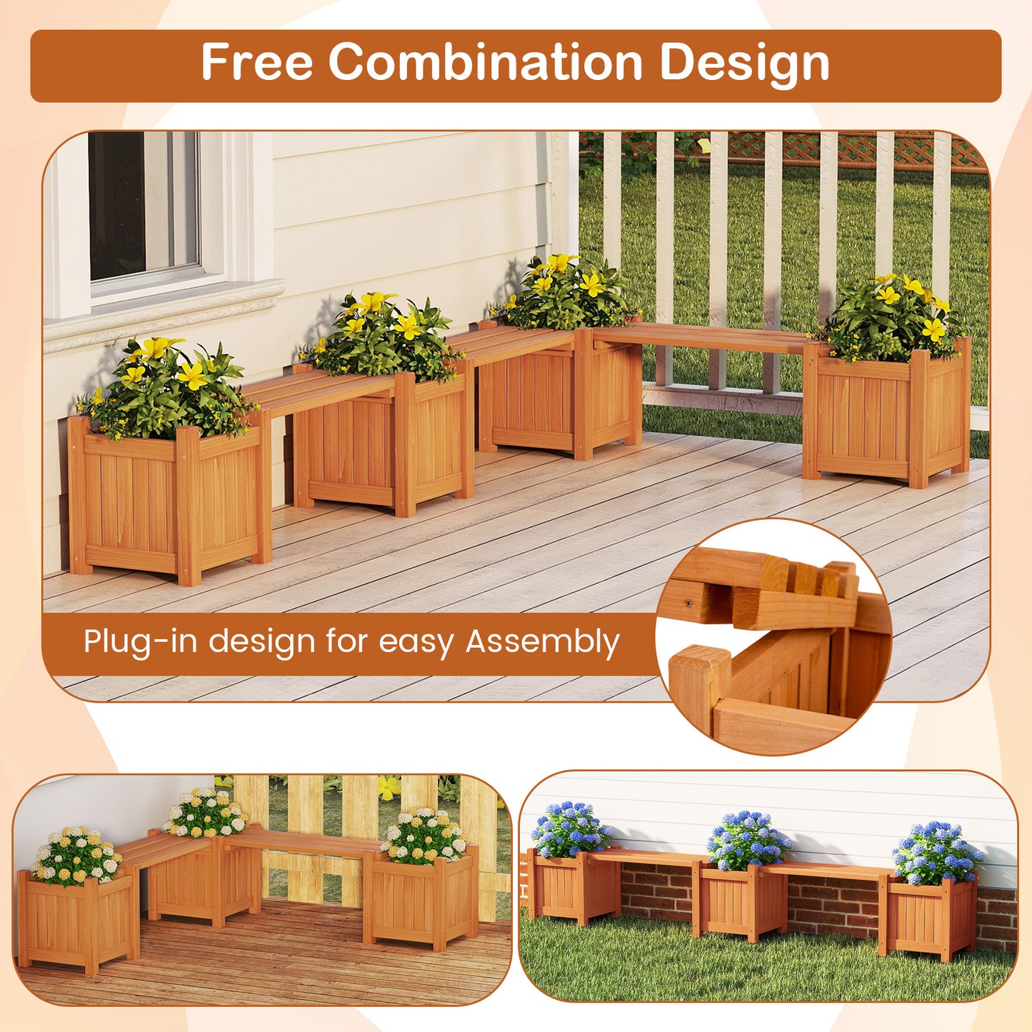 3-in-1 Outdoor Planter Box with Bench 2-Person Outdoor Bench with 2 Side Garden Beds, Orange Raised Garden Beds at Gallery Canada