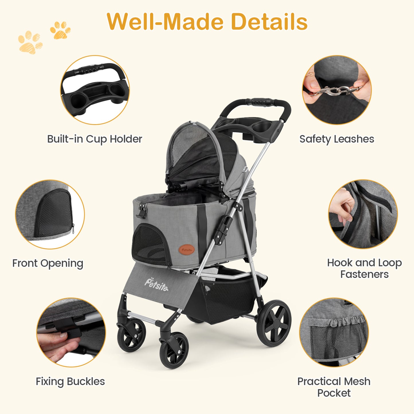 3-in-1 Pet Stroller for Small Medium Dogs Foldable with Detachable Carrier, Gray
